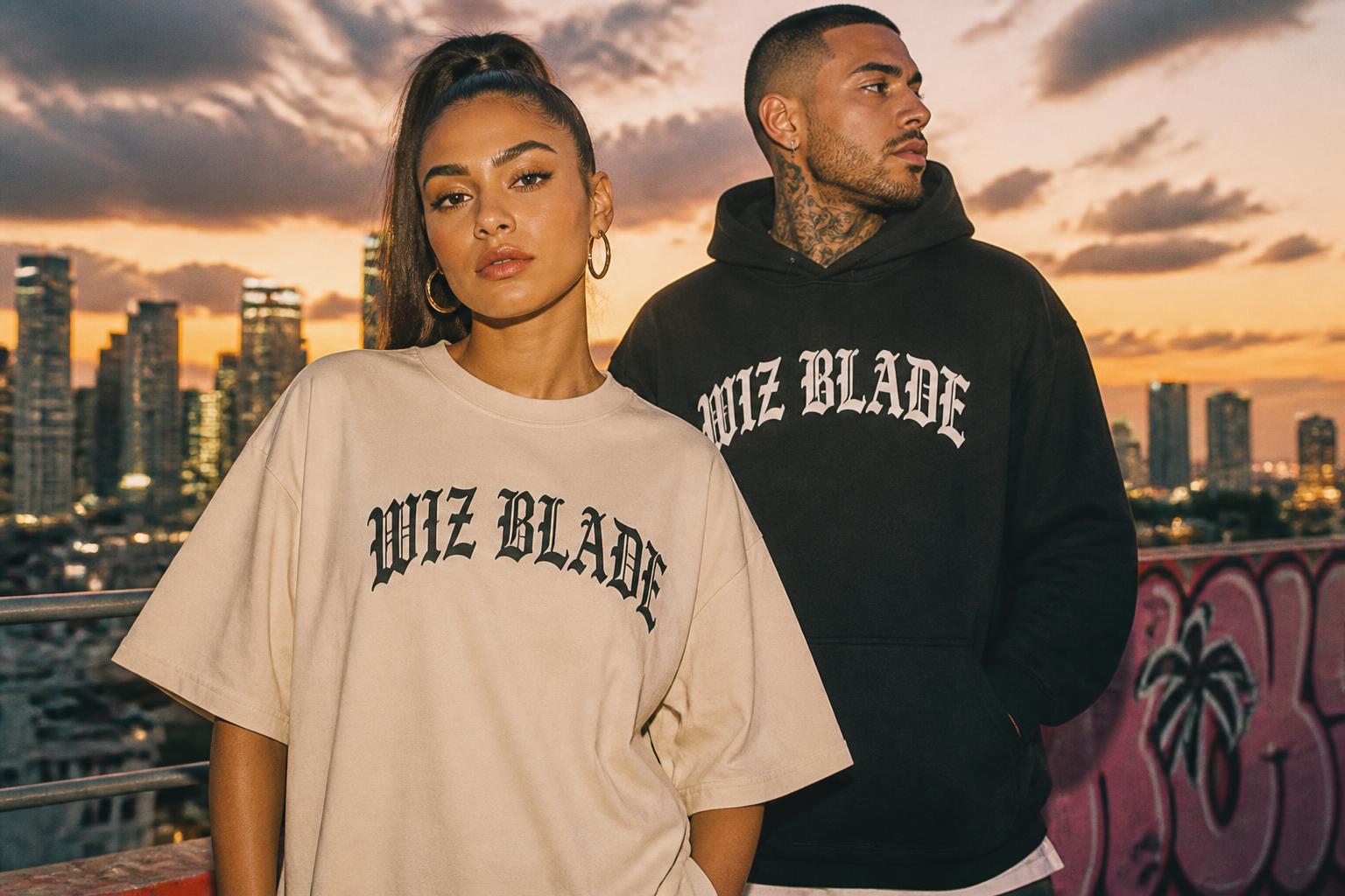 Skyline duo — bone blackletter tee and black hoodie
