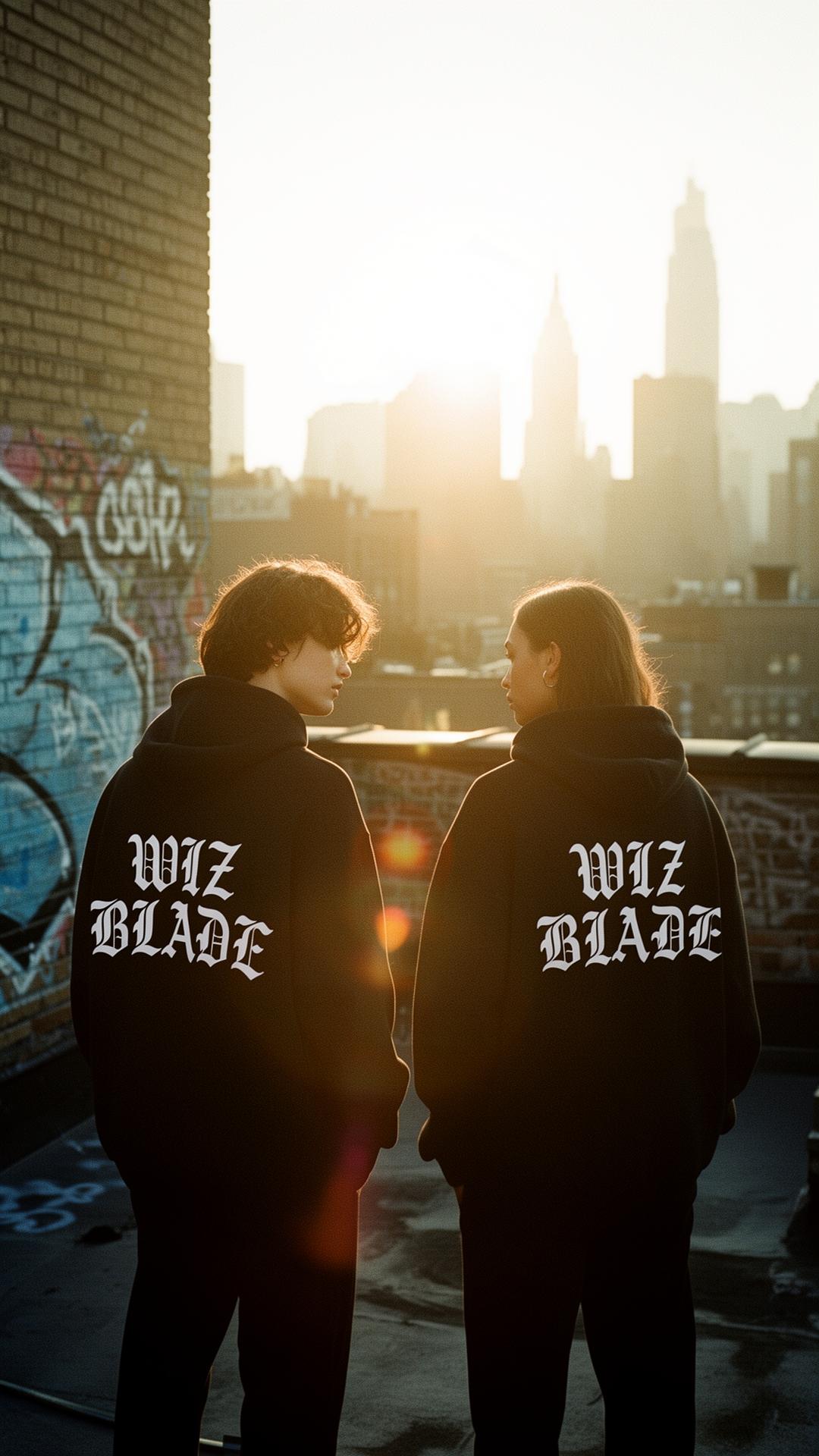 Wiz Blade hoodie back print — blackletter mark, golden hour rooftop
